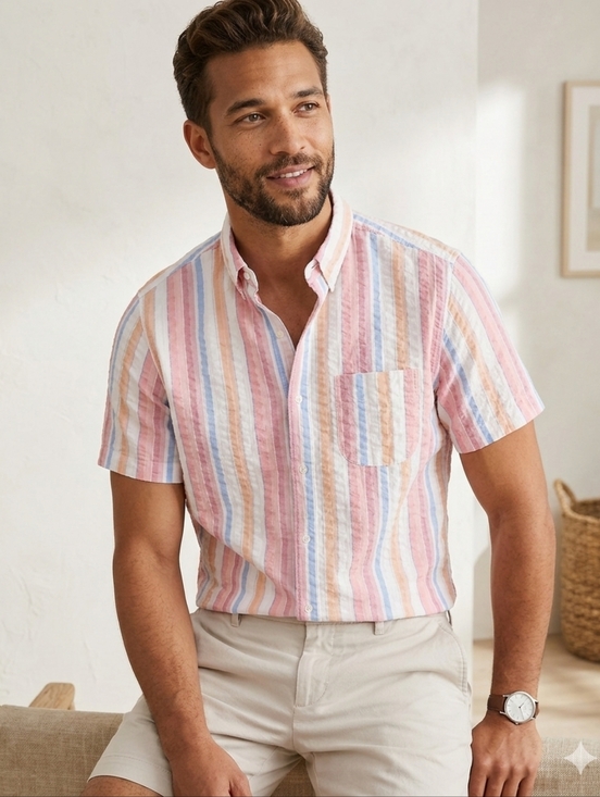 J. Crew Other - J. Crew Mens Slim Pastel Stripes Seersucker Organic Cotton Short Sleeve M